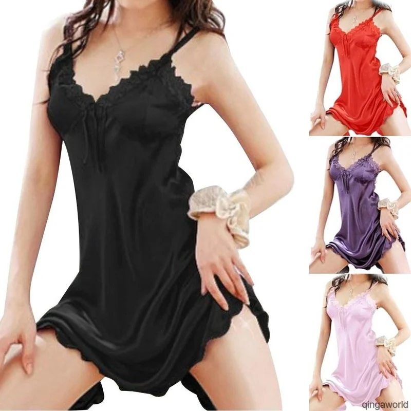 

Summer Ladies Lace Printed Sling Nightdress V-Neck Free Size Furnishing Loose Comfortable Nightgowns Sexy Solid Satin Slip Dress