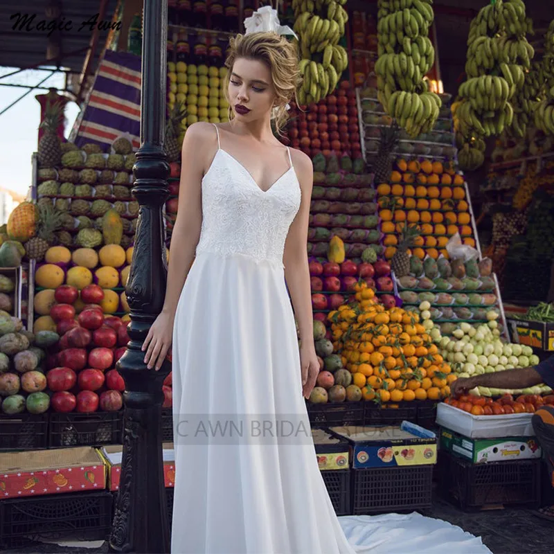 

Magic Awn Vinatge Chiffon Wedding Dresses Spaghetti Straps Lace Appliques Boho Bridal Gowns Lace-Up Back Ivory Vestidos De Novia