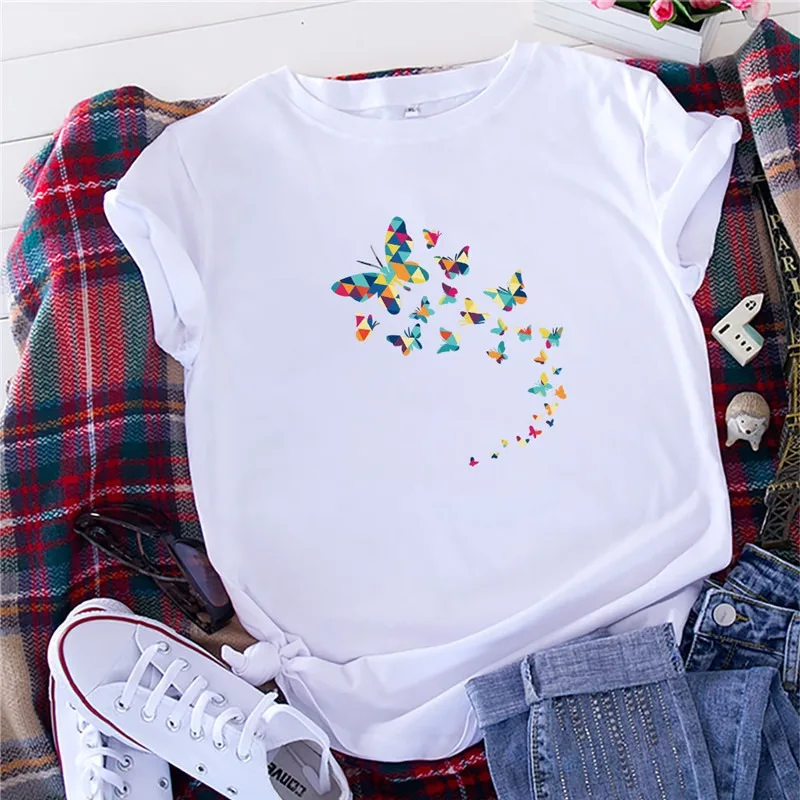 

Oversized T Shirt Butterflies Print Tshirt O Neck Short Sleeve Graphic Tee Plus Size T-shirt Summer Women Black Tops