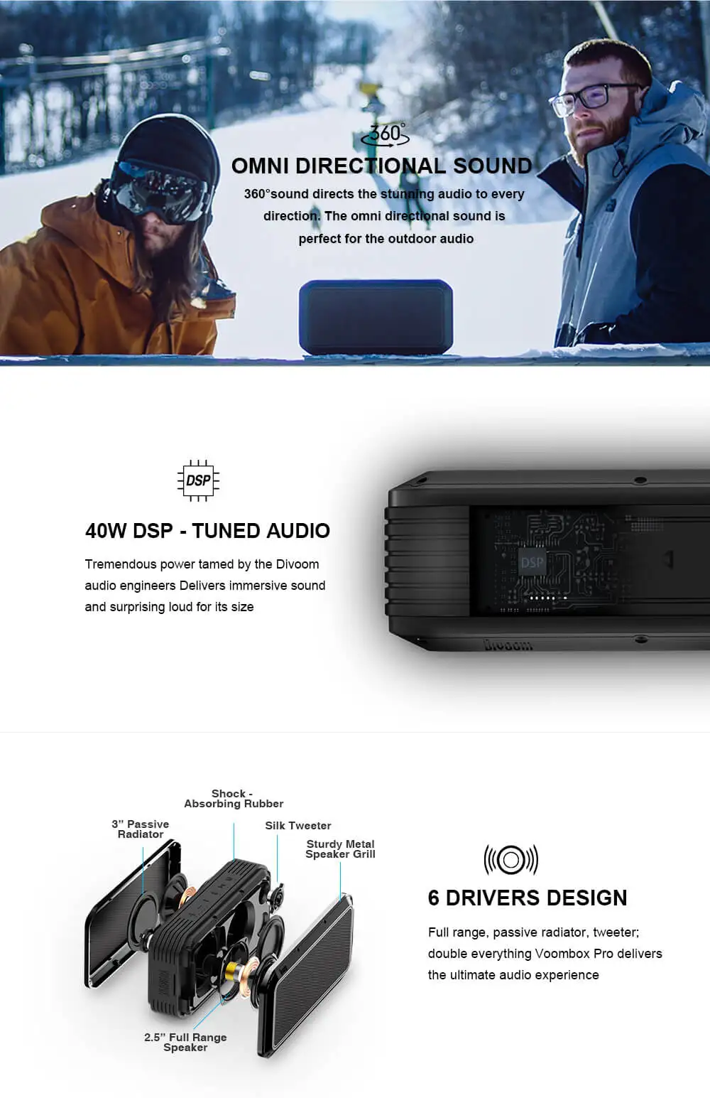 Divoom Voombox Pro Портативный Bluetooth Беспроводной динамик 40 Вт супер бас с 10000 мА/ч, для 18 часов проигрывания IPX5 водостойкий
