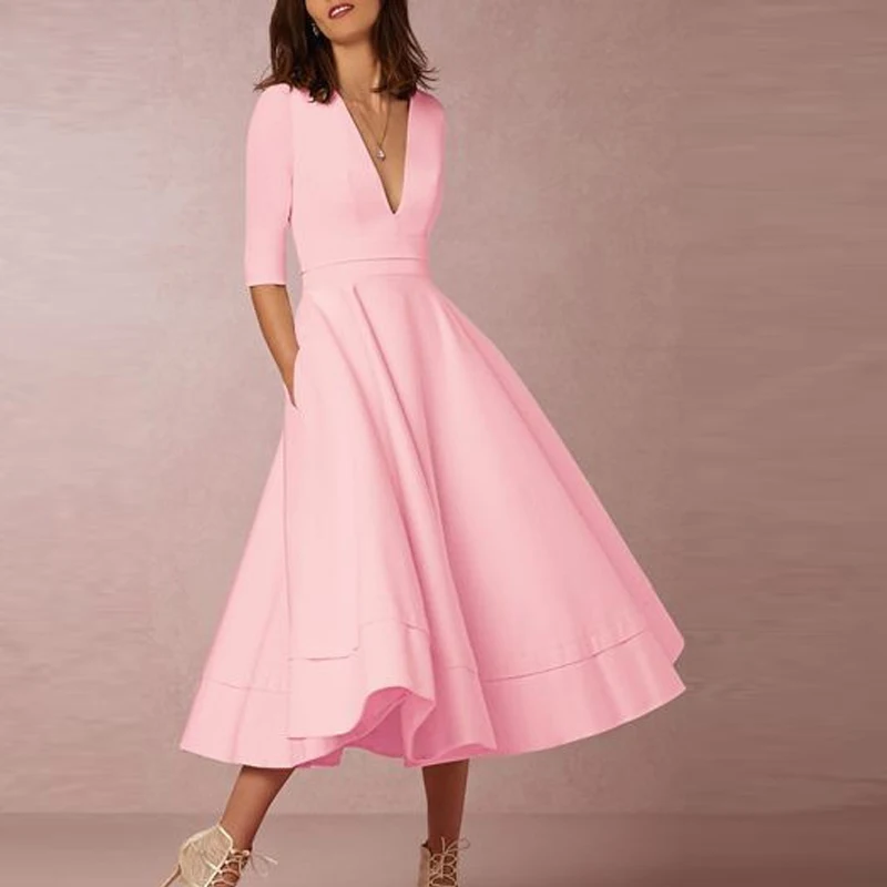 

Elegant A-Line V Neck White Maxi Half Sleeves Simple Sexy Night Club Long Solid Color Female Office Casual Pink Navy Dress B209