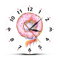 cute cartoon unicorn modern wall clock watercolor wall art unicorn donut artwork colorful girl room decorative clock wall watch