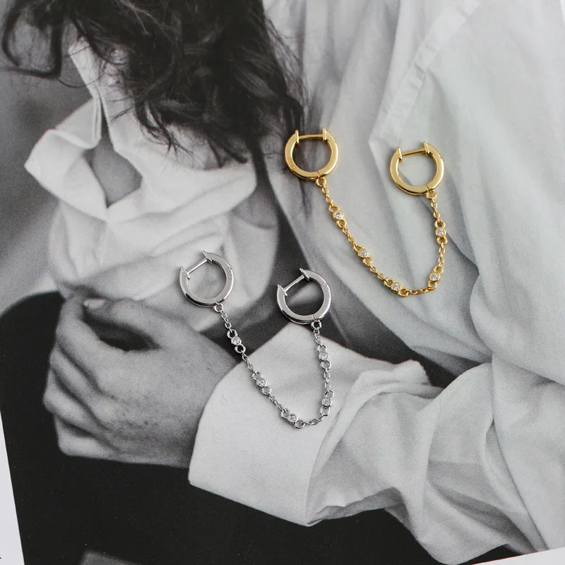 

PONYKISS Trendy S925 Sterling Silver Zircon chain single Huggie Hoop Earrings for Women Party Delicate Elegant Accessory Jewelry