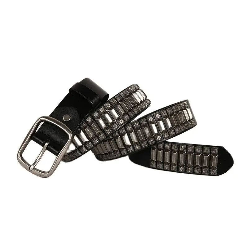 Ремень мужской кожаный тяжелый металлический пояс из денима с заклепками в стиле