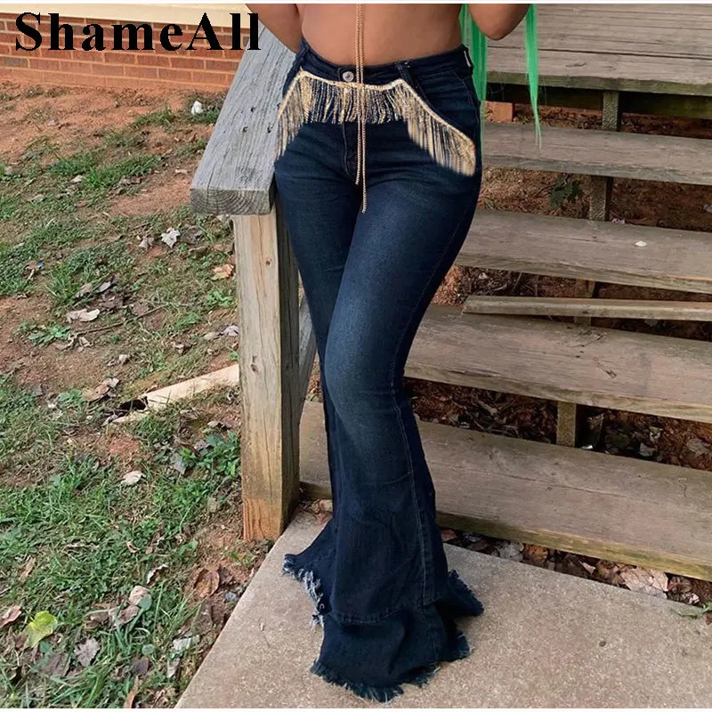 

218070 Plus Size Stretch Tassel Boot Cut Jeans Large XXXL Bell-bottom Pants Flare Bottom Trousers