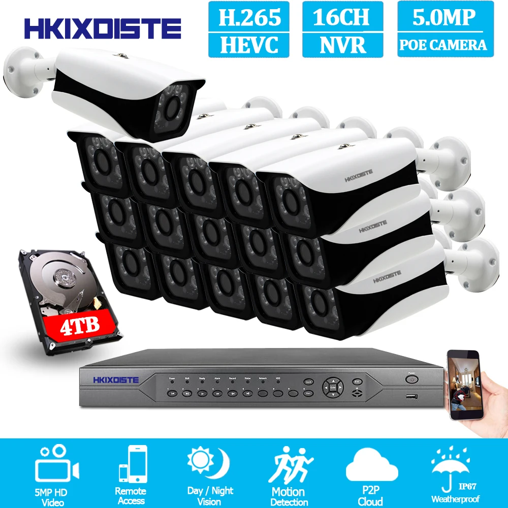 HKIXDISTE H.265, супер HD, 16CH, 5MP, 8CH, 4 K, POE, камера безопасности, система, комплект, POE, ip-камера, уличная, cctv, видеонаблюдение, NVR набор