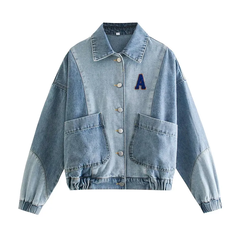 

Женская джинсовая куртка ZA, повседневная универсальная Свободная куртка с вышивкой буквами в европейском и американском стиле, осень 2021