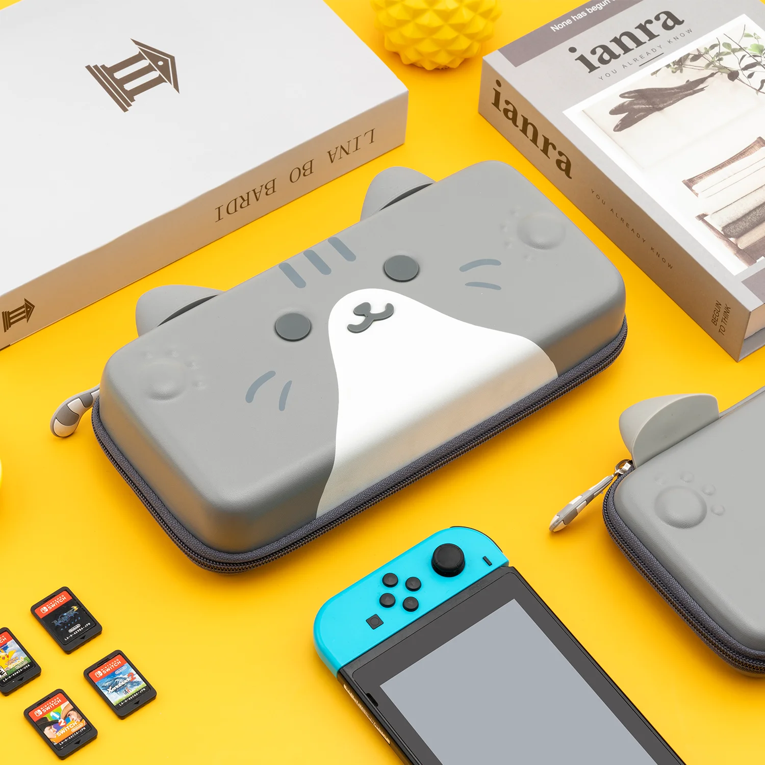 

Geekshare Cute Cats Ears Protables For Nintendo Switch Gray Three-dimensional Ears Travel Carrying Case for Nintendo Switch