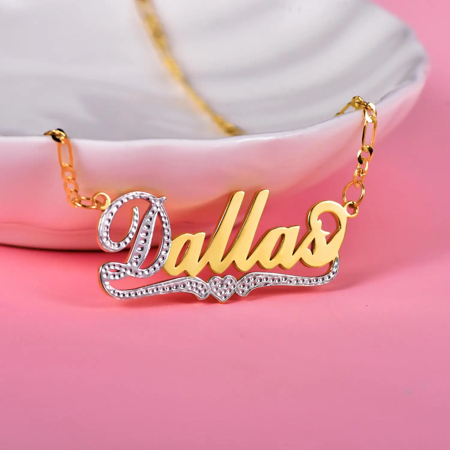 

Gold Plated Two-Tone Personalized Name Necklace With Heart Customized Double Layer Name Pendant For Women Girl Jewelry Gift