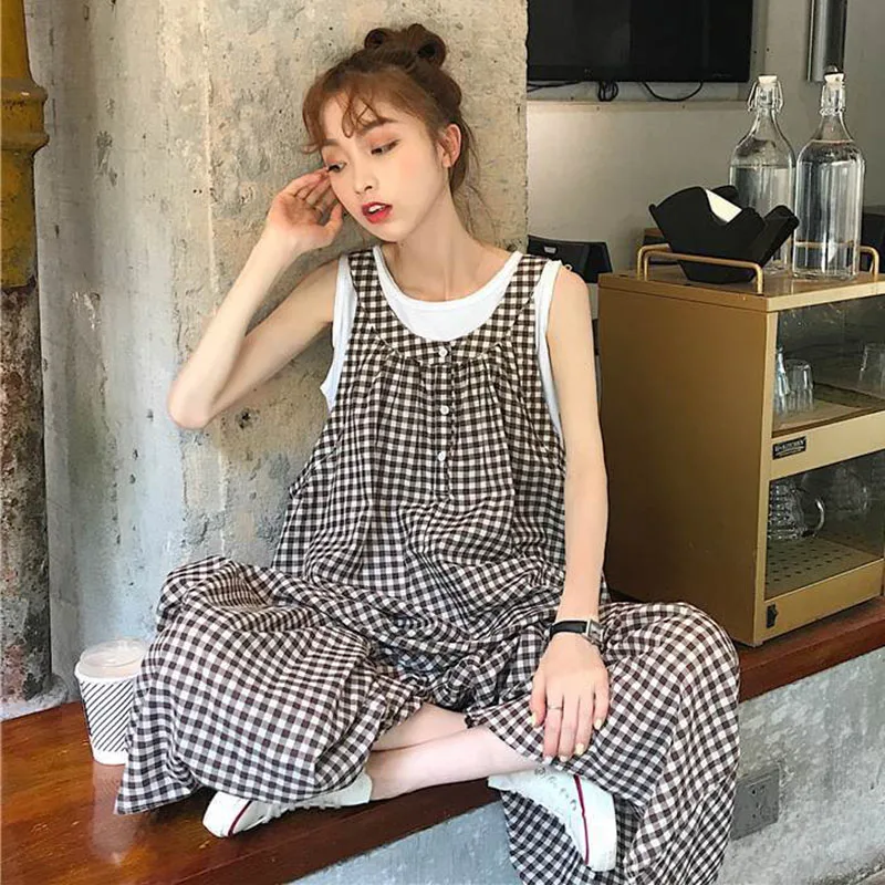 

Fashion Women Wide Leg Jumpsuits Plaid Baggy Loose Big Pockets Leisure Summer Overalls BF Harajuku Simple Oversized Female Chic