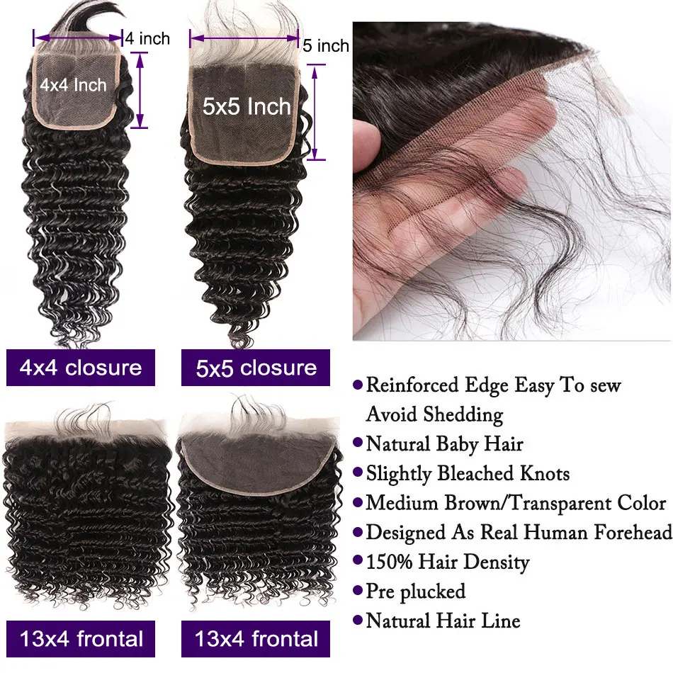 13x4 Lace Frontal with Bundles Peruvian Deep Wave 4X4 Closure With Curly Hair 5X5 HD CLosure | Шиньоны и парики