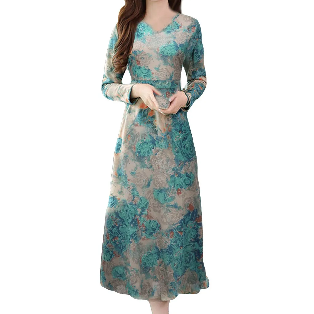 

V-Neck Retro Long Lady Fashion Women Elegant Sleeve Dress Printing Long Women's Dress Dress Women