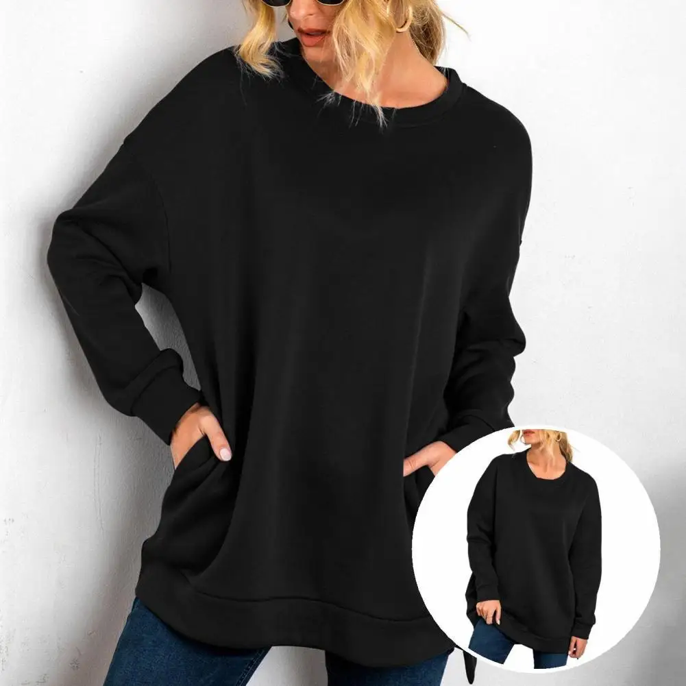 

Спортивный Повседневный однотонный свитшот с боковыми карманами, сезон осень-зима, однотонный пуловер с длинным рукавом для дома