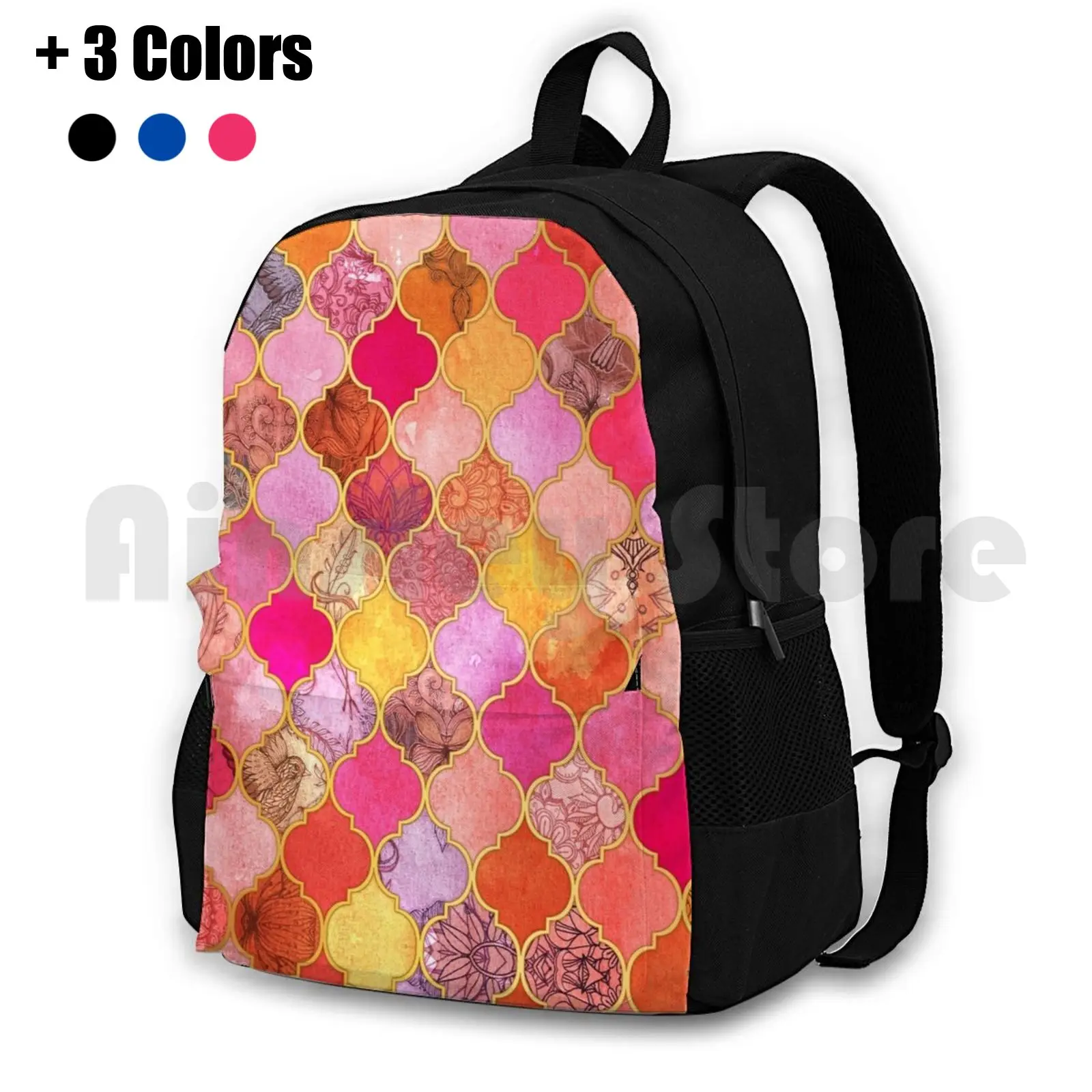 

Hot Pink , Gold , Tangerine & Taupe Decorative Moroccan Tile Pattern Outdoor Hiking Backpack Waterproof Camping Travel Moroccan