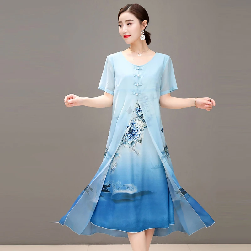 Женское платье с коротким рукавом и круглым вырезом цветочным принтом | Женская