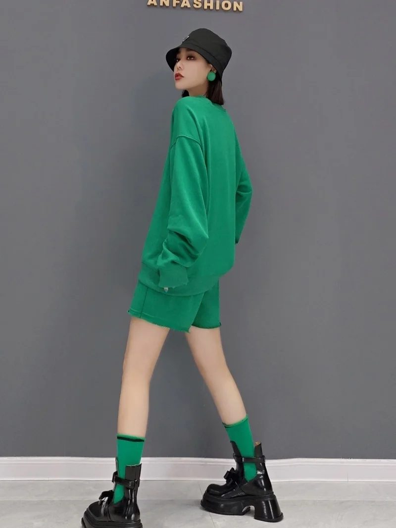 

QING MO Summer Fashion Solid Color Women Sets Long Sleeved Sweater + Shorts Two Piece 2021 New Casual Sports Sets Black ZWL522