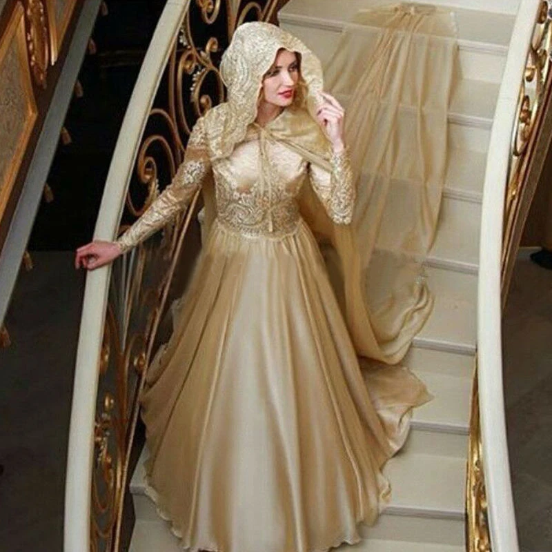 Мусульманские свадебные платья Дубай Шампань с длинным рукавом Abaya Женские