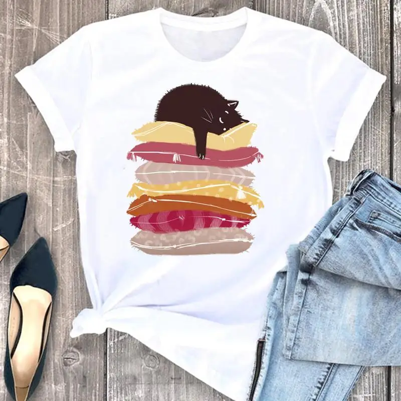 

Женский Забавный костюм с животными Tsundere Футболка с принтом черного кота 2021 мультяшная мода с коротким рукавом летняя белая рубашка топ с р...