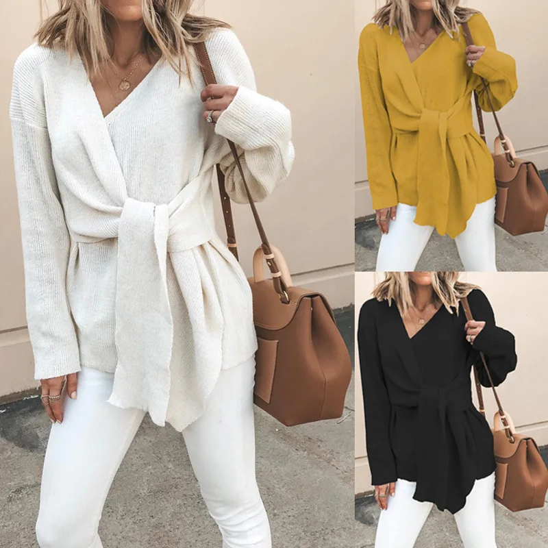 

2019 Autumn And Winter Fashion V-neck Tie Long-sleeved Blouse Laced Autumn Autumn Knit Slim Sweater Ladies Open Woolen Coat
