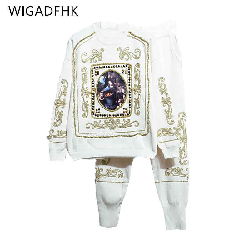 2021 High Quality Oil painting embroidery 2 Piece Set Women Sweater Knitted Tracksuits Woman Casual Knitted Trouser Clothing Set