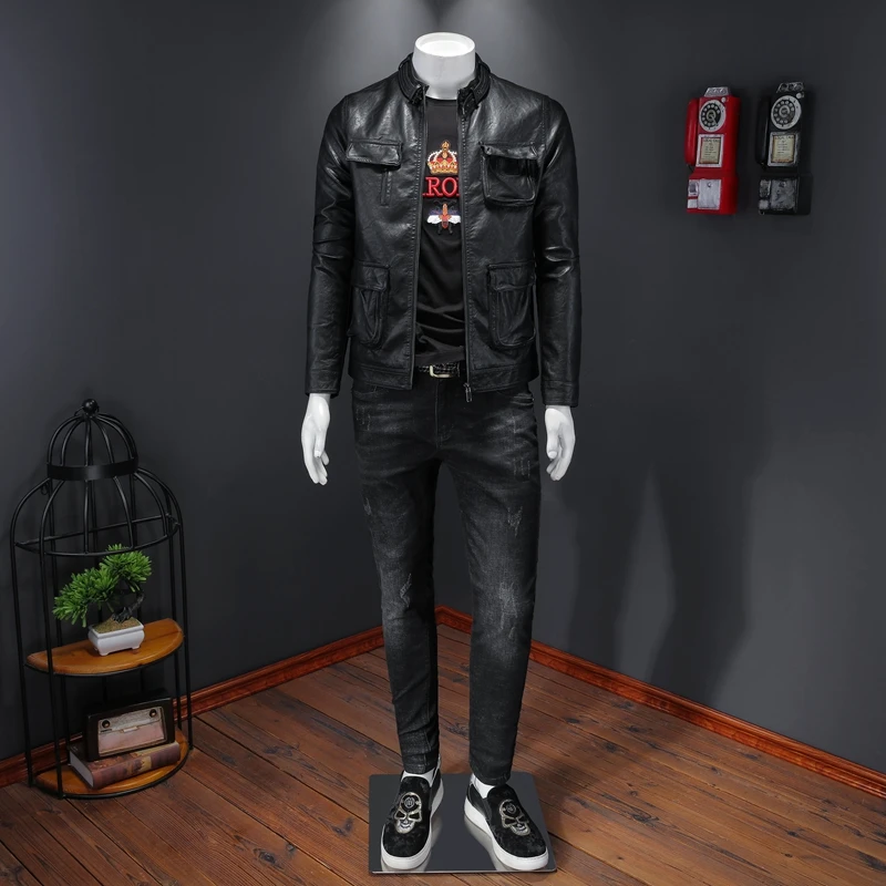 Мужская кожаная куртка винтажная повседневная из искусственной кожи с карманами