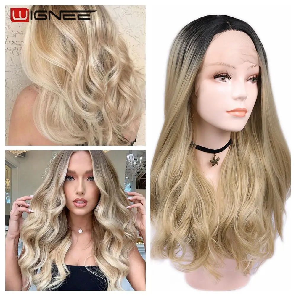 Black to Blonde Wignee синтетический парик на кружеве для женщин, термостойкие длинные волосы, волнистые волосы, парик из натуральных волос, Омбре, пепельный блонд, парики для волос - Цвет: Black to Blonde