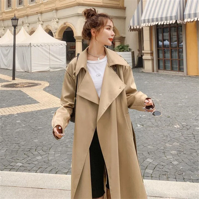 Trench coats womens windbreaker jacket popular high-end temperament design sense mid-length acetate satin long coats female