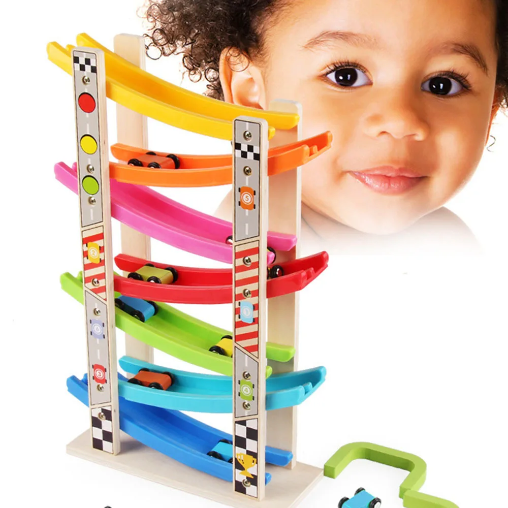Wooden 7-layer Ramp Race Track & 8 Mini Inertia Car Sliding Toy Vehicel&ampTrain Baby Toddler Motor Skill Developmental Kids Gift |