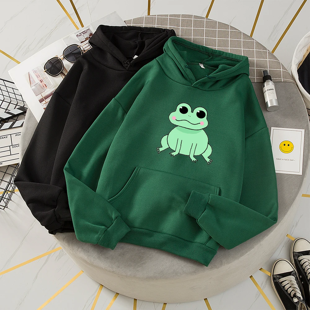 Sport Wear Women Hooded Sweatshirt Fleece Drawstring Pullover Hoodies Vintage Thick Hoodies Jacket for Girl Frog Hood Sweetshirt