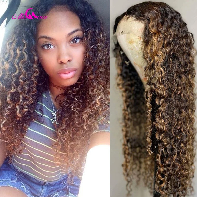 

Alicoco индийский глубоко вьющиеся синтетические волосы длинные Синтетические волосы на кружеве парик человеческих волос парик для черных Дл...