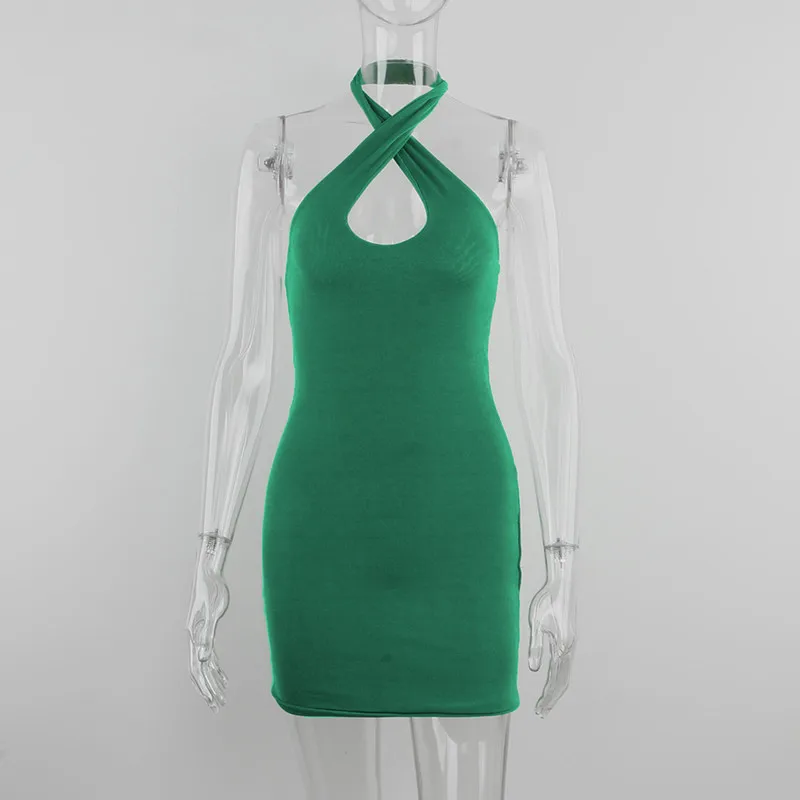 

2021 Hollow Out Sexy Dress Women Green Sleeveless Y2K Backless Summer Blue Halter Neck Bodycon Mini Dresses Beach Party