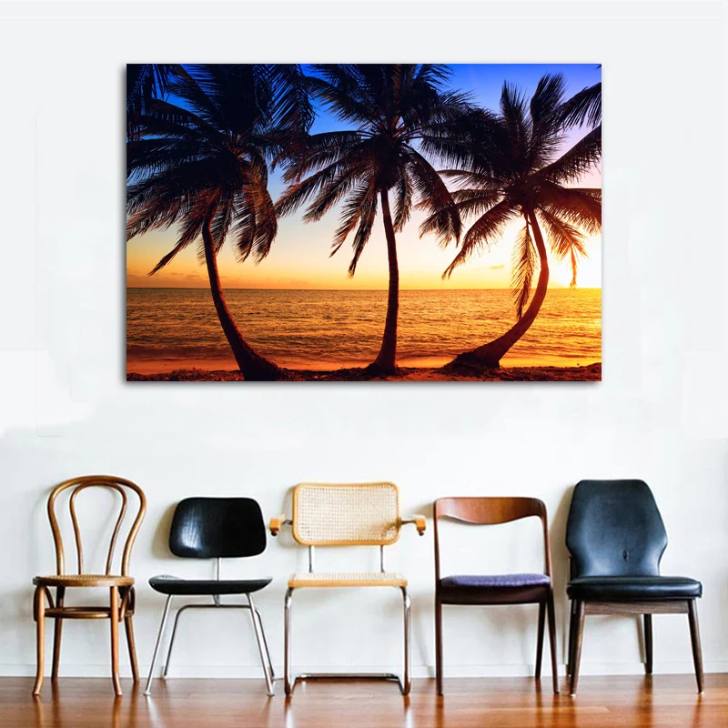 

Horizon Ocean Пальма закат Дерево тропики пейзаж настенные художественные плакаты на холсте шелковые картины для декора гостиной