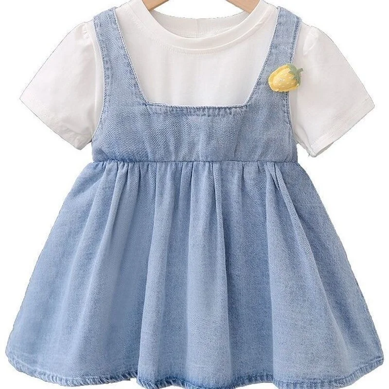 

Children's 2021 Summer New Girl Fashion Thin Short-sleeved T-shirt Dress Fake Two Simple Sweet Skirts Kids Clothes GD91