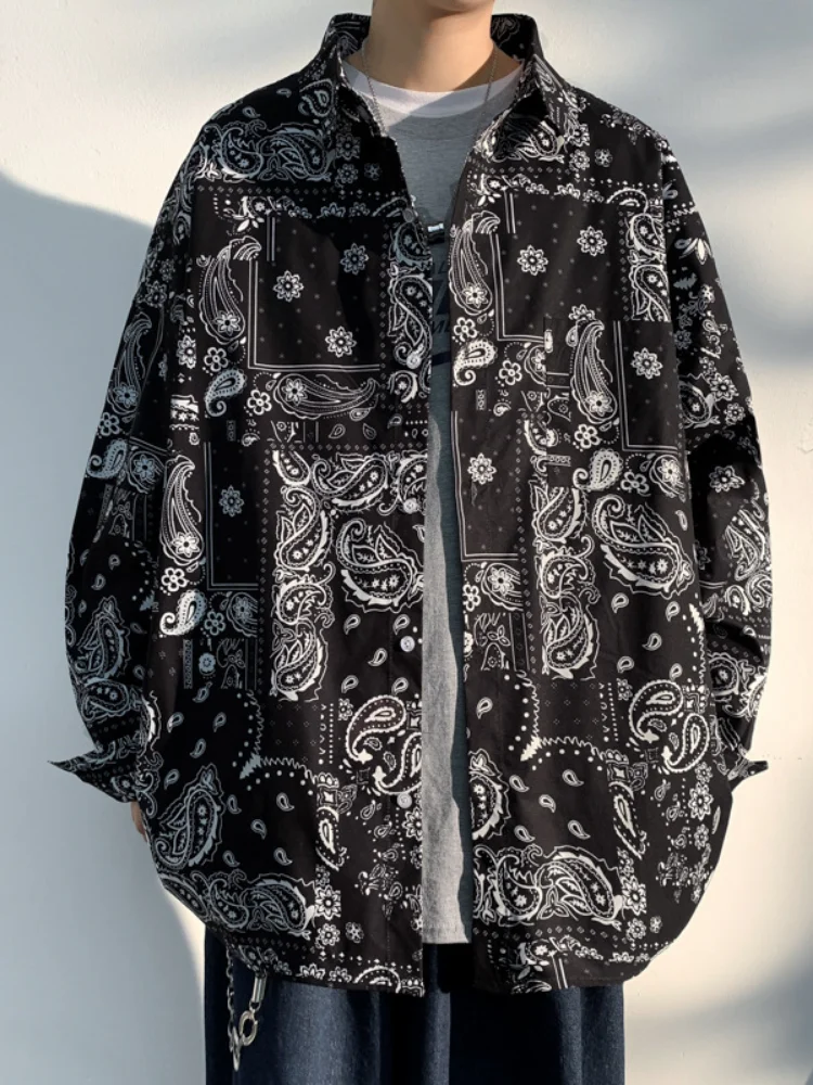 

QIWN Autumn High Street Retro Shirt Jacket Cashew Flower Printed Shirt Loose Long Sleeve Shirt Men Vintage Shirt