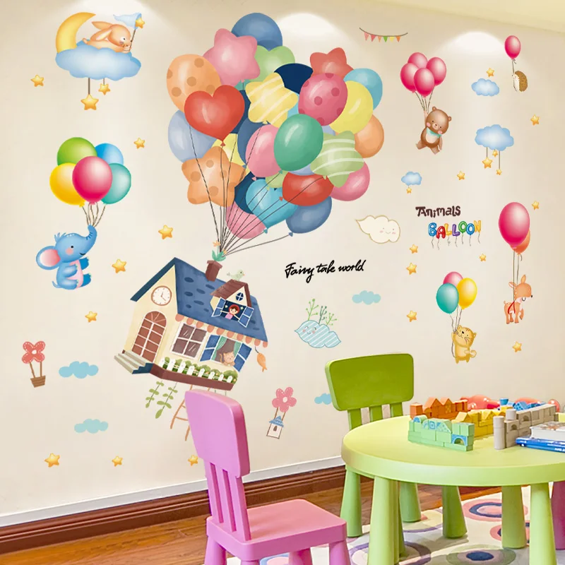 

[shijuekongjian] Colorful Balloons Wall Stickers DIY Cartoon Animals Wall Decals for Kids Rooms Baby Bedroom House Decoration
