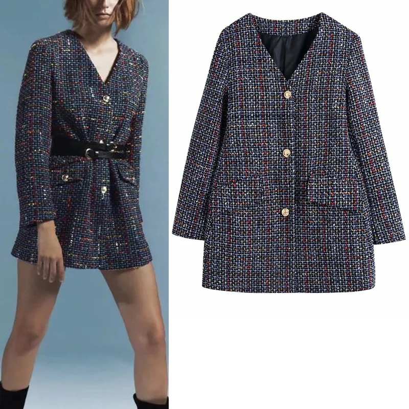 

Осенне-зимнее текстурное Женское пальто Za, пальто с V-образным вырезом и длинным рукавом, офисное пальто, топы, винтажные пуговицы, повседнев...