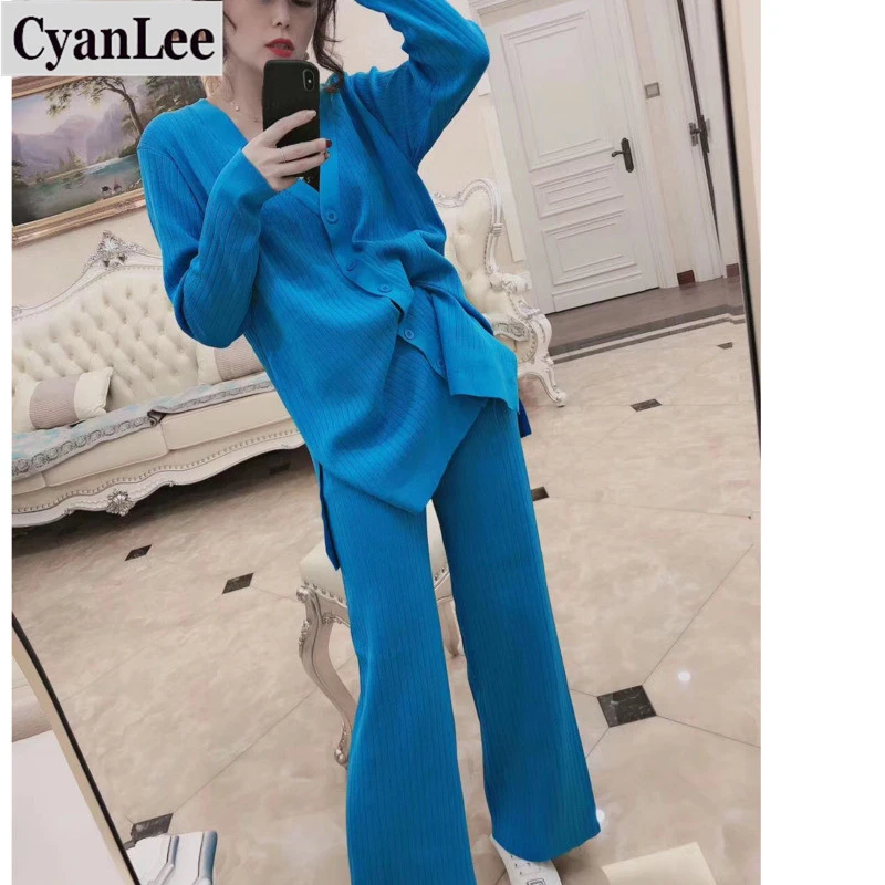 

Cyanlee Women Knitted Long Jacket Coats Wide Leg Pants Sets V Neck Solid Sweater Trousers Tracksuits Outfits