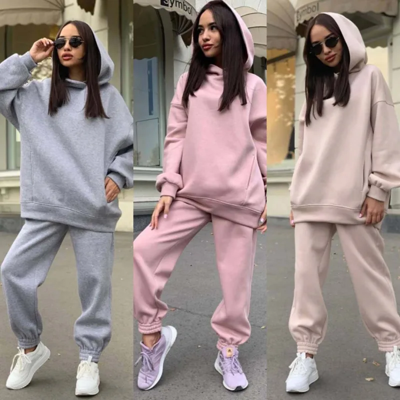 

2021 Fashion Harajuku Sportswear Ladies Suit Solid Color Top Hooded Sweatshirt Elegant Streetwear Pants Two-piece Casual Suit