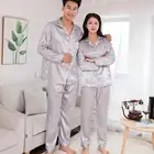 Модный Шелковый атласный мужской пижамный комплект, модная Пижама для пар, однотонный костюм с длинным рукавом 2021