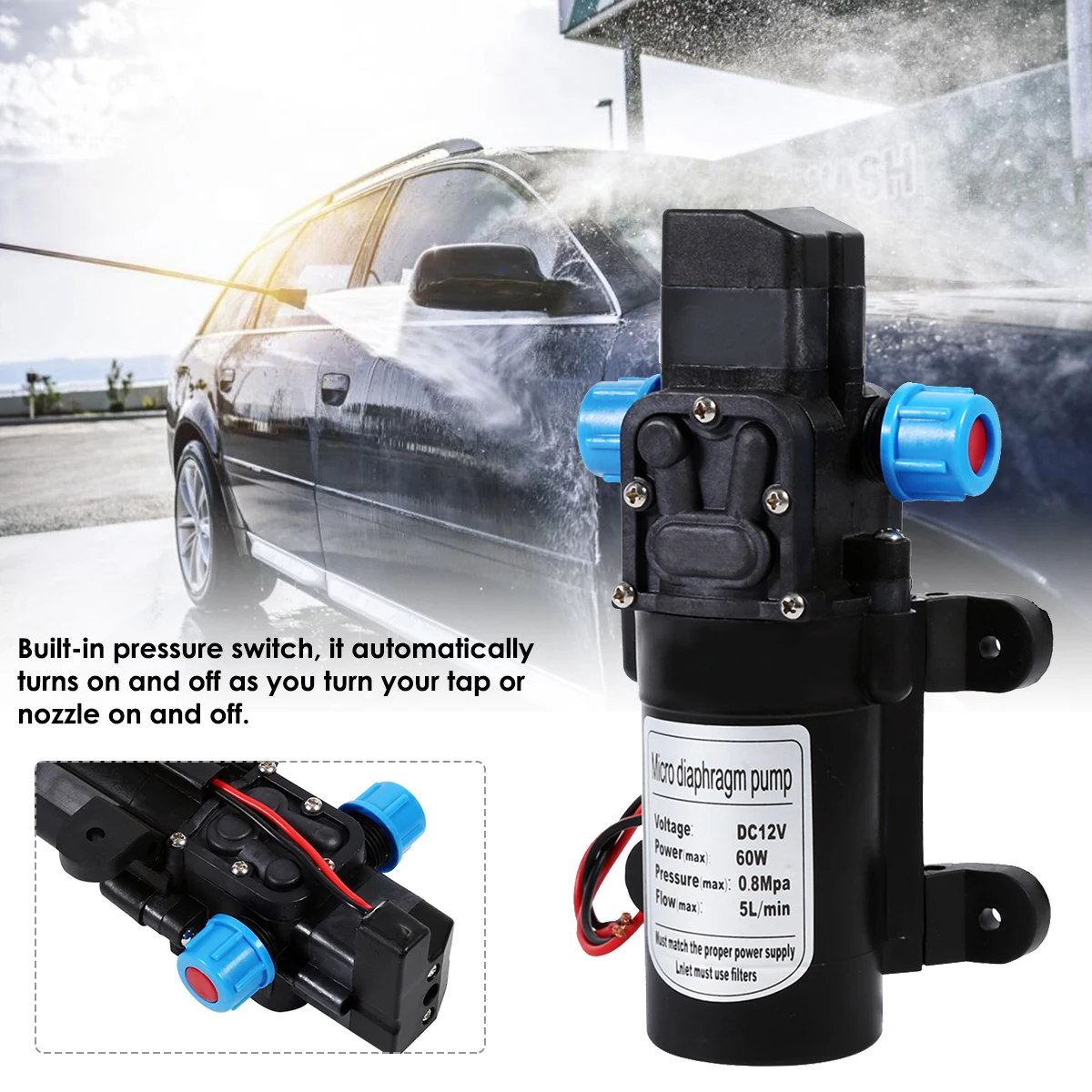 

5L/min DC12V Portable Electric Diaphragm Water Pump Micro Brushless Motor 60W 80PSI Car Washing Spray Water Pump