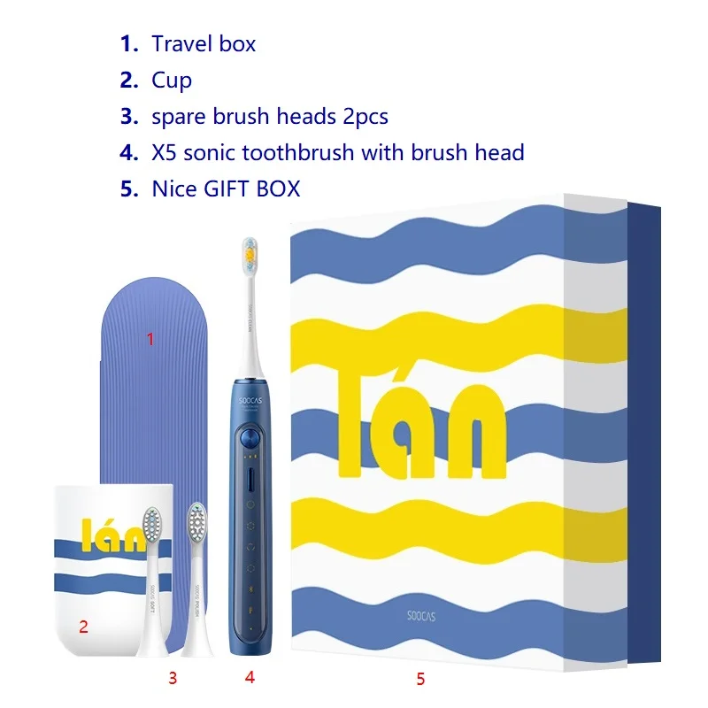 Blue X5set SOOCAS X3 sonic Электрический Зубная щётка xiaomi USB Беспроводная зарядка электрическая зубная щетка для взрослых ультра sonic Зубная щётка приложение 4 режимов чистки - Цвет: Blue X5set
