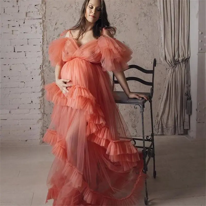 

Chic Illusion Ruffles Tulle Evening Dresses for Pregnant Women Spaghetti Long Robes Formal Prom Dress 2021 vestido de novia