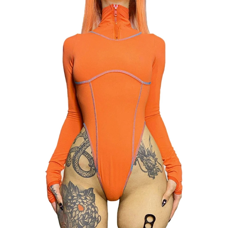 

Соблазнительное облегающее боди с длинным рукавом, неоново-оранжевое боди с высоким воротником и молнией спереди, трико