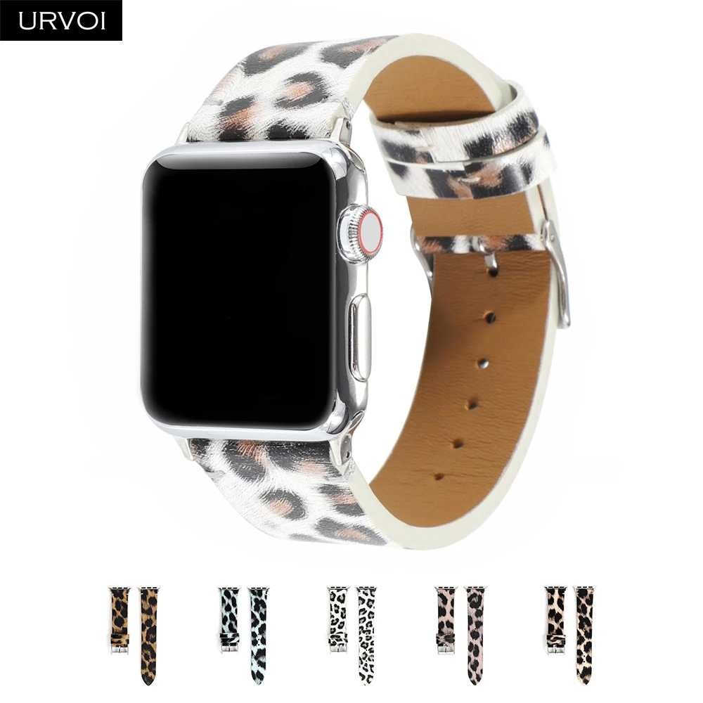 Кожаный ремешок URVOI для Apple Watch series 7 6 SE 5 4 3 2 1 с принтом iWatch ПУ кожа Леопардовый узор