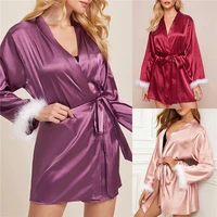 new red wine chinese womens faux silk robe bath gown hot sale kimono yukata bathrobe solid color sleepwear s m l xl