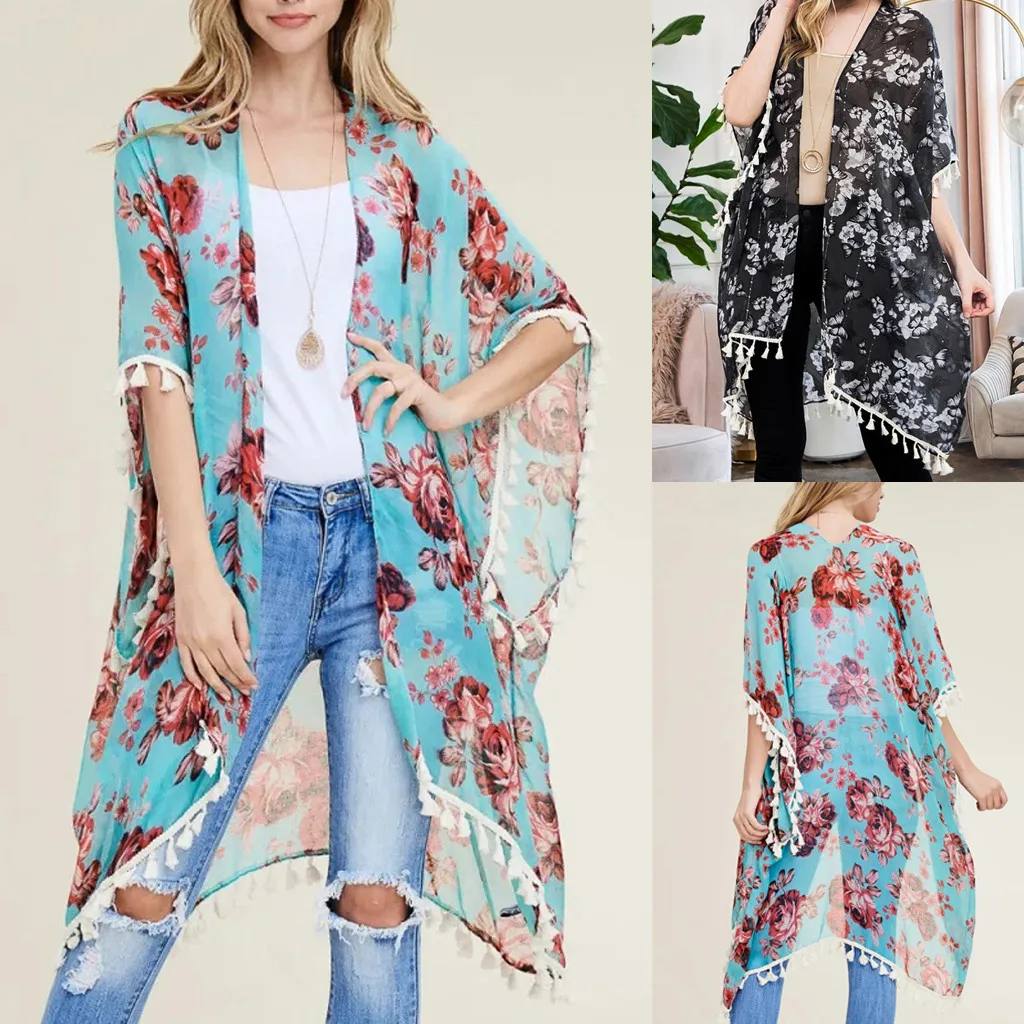 Женский модный шифоновый Повседневный Топ с принтом Свободный кардиган