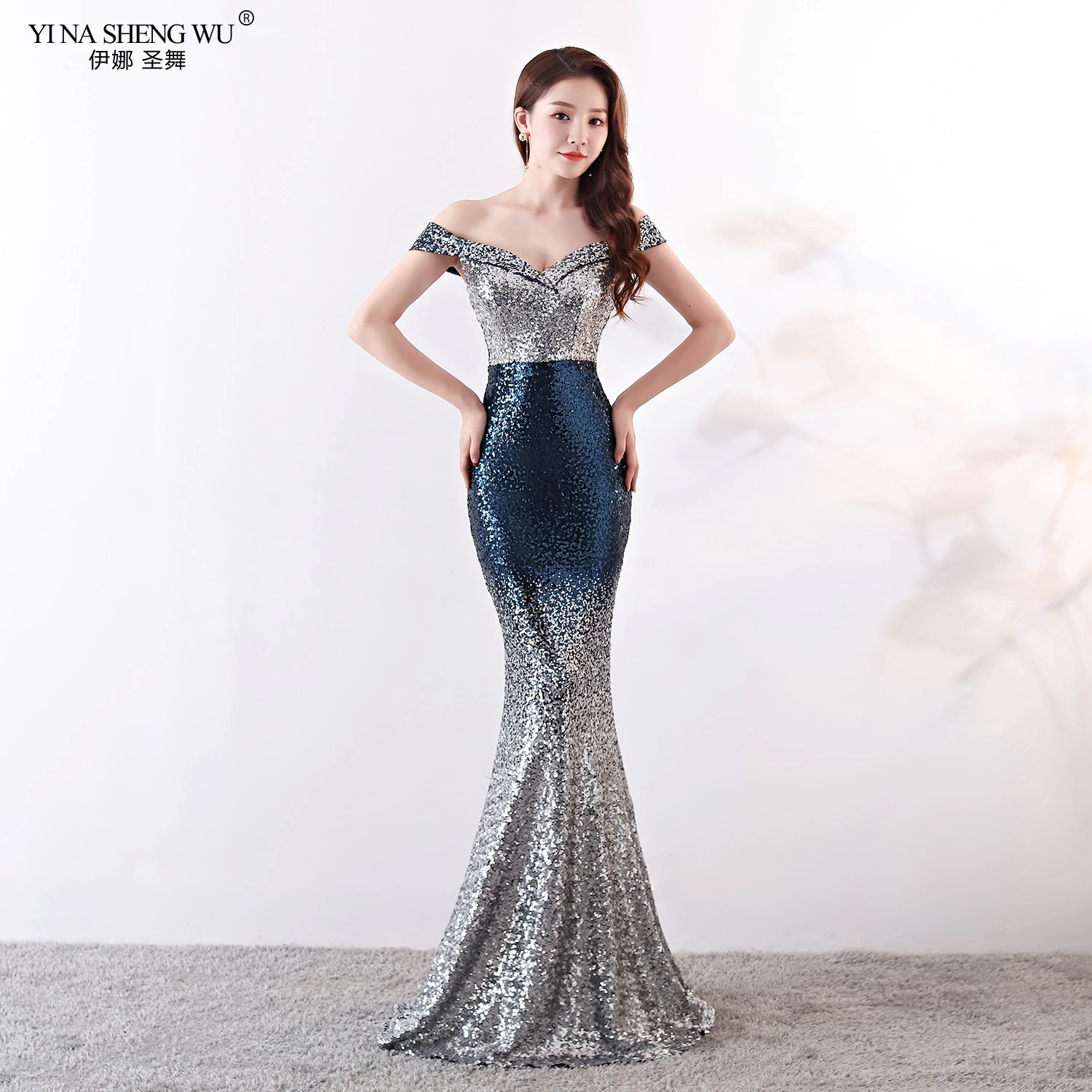 

New Elegant Sequined Mermaid Long Gown Slim Sexy Slash Neck Color Fade Formal Women Dress For Wedding Party Robe De Soriee