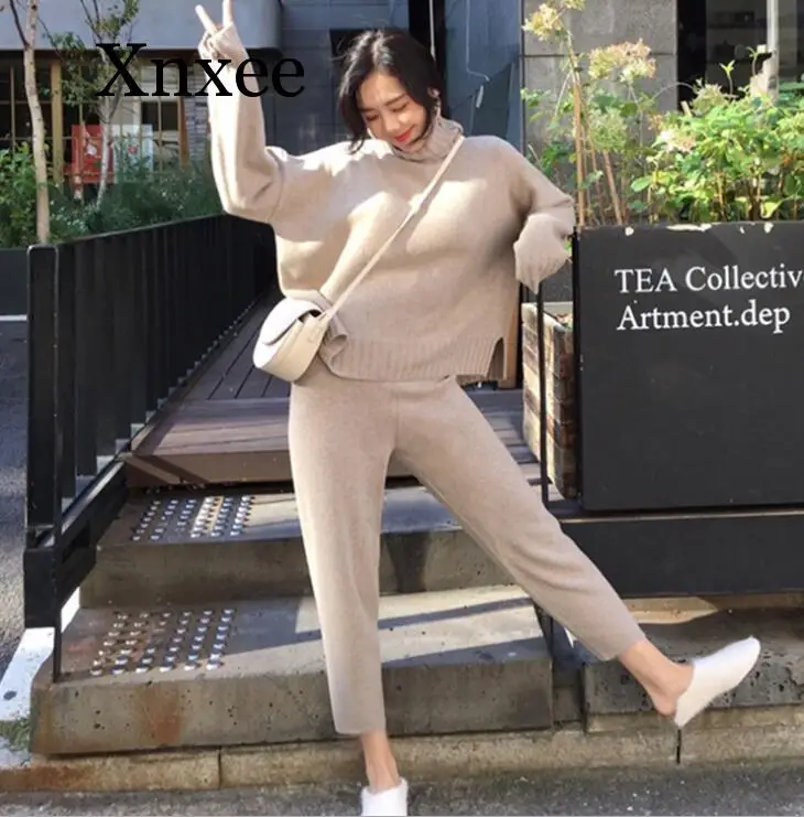 

wool sportwearWinter Women Sets Loose Sweater Long Sleeve Cardigan And Full Length Pants Sets Elastic Waist Trousers Female