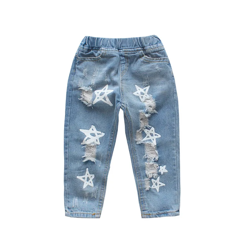 

Spring and Autumn New Girl Ripped Star Jeans Children's Comfortable Casual Trend Fashion All-Match Kid's Pants
