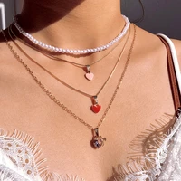pink love heart crystal pendant pearl choker necklace for women fashion simple multilayer gold color long chain wedding jewelry